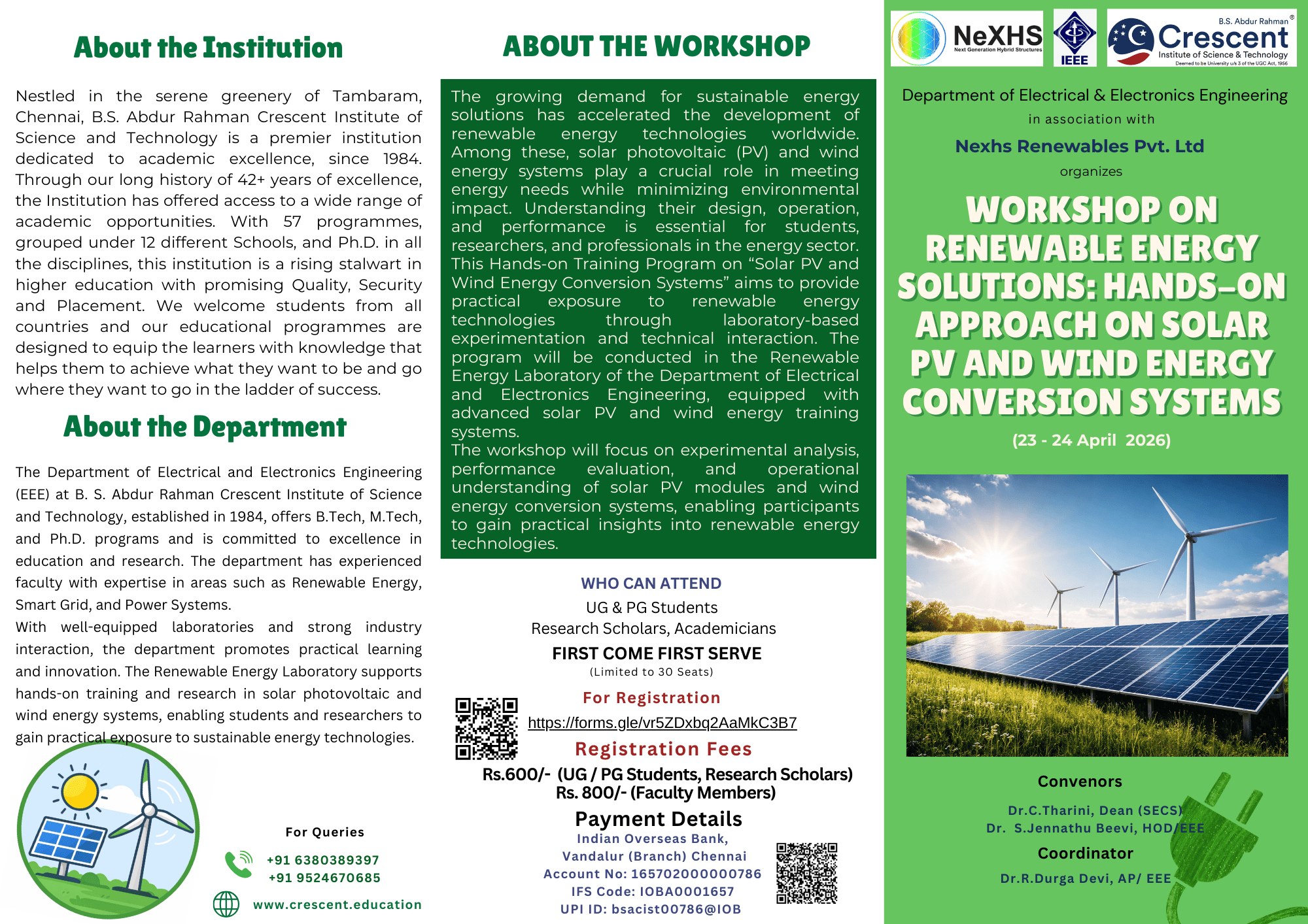 Workshop on Renewable Energy Solutions: Hands-on approach on Solar Pv and Wind Energy Conversion Systems 2026 Workshop Poster 